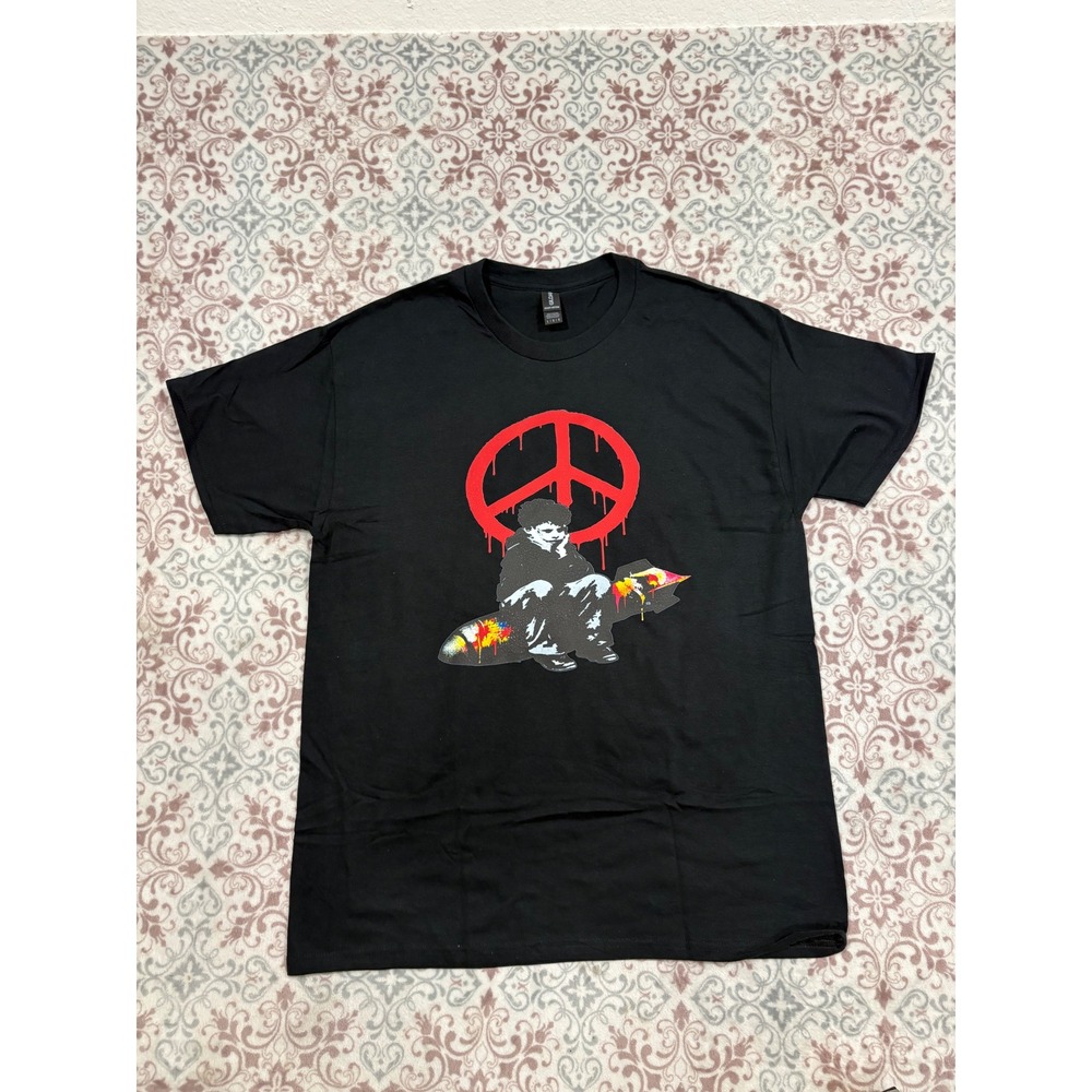 Gildan Heavy Cotton Black Graphic T-Shirt Peace Sign Bomb Art Mens Large